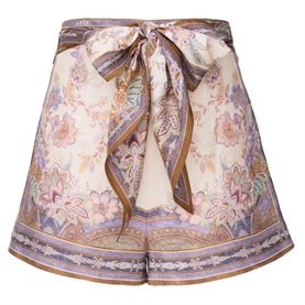 Zimmermann Luna Scarf Tie Shorts, Cream Blue Paisley